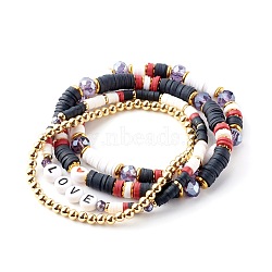 Stretch Beaded Bracelets Sets, Stackable Bracelets, with Polymer Clay Heishi Beads, Glass & Brass Beads, Word Love, Golden, Black, Inner Diameter: 2~2-1/4 inch(5~5.7m), 4pcs/set(BJEW-JB06203)