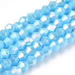 Opaque Solid Color Electroplate Glass Beads Strands, AB Color Plated, Faceted, Bicone, Light Sky Blue, 2.9~3.3x2.5mm, Hole: 0.7mm, about 145~150pcs/strand, 16.34~16.54 inch(41.5~42cm)(EGLA-A039-P2mm-B12)