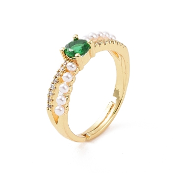 Real 18K Gold Plated Brass Micro Pave Cubic Zirconia Rings, Glass Rhinestone and Plastic Imitation Pearl Adjustable Rings for Women, Green, 2.5~5mm, Inner Diameter: US Size 7 1/4(17.5mm)