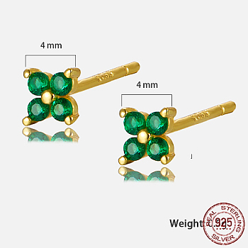Golden Sterling Silver Flower Stud Earrings, with Cubic Zirconia, with S925 Stamp, Green, 4x4mm