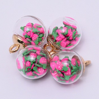 Transparent Glass Globe Pendants, with Resin Imitation Fruit Chips inside and CCB Snap on Bails, Round, Strawberry, Magenta, 22x16mm, Hole: 2.5mm