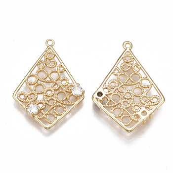 Brass Filigree Pendants, with Cubic Zirconia, Rhombus, Clear, Nickel Free, Real 18K Gold Plated, 26.5~27.5x18~19x2.5mm, Hole: 1.2mm