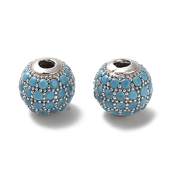 Rhodium Plated 925 Sterling Silver Micro Pave Cubic Zirconia Beads, Round, Real Platinum Plated, Sky Blue, 8x7.5mm, Hole: 2.2mm