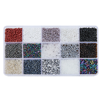 225g 17 Style Glass Seed Glass Bugle & Round Beads, Baking Paint & Transparent Colours Luster & AB Color Plated & Silver Lined, Black, 1.5~8x1.5~2mm, Hole: 0.5~1mm, 15g/style