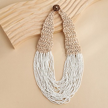 Bohemia Style Multi-strand Glass Seed Beaded Bib Necklaces for Women, Wax Cord Knitting Necklaces with Coconut Clasp, White, 19.09 inch(48.5cm)