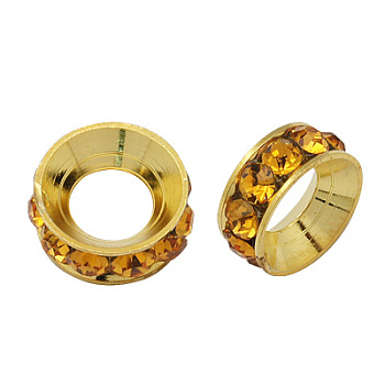 Brass Rhinestone Spacer Beads, Grade A, Rondelle, Golden Metal Color, Topaz, 9x4mm, Hole: 4mm