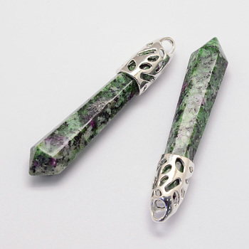 Natural Ruby in Zoisite Big Pointed Pendants, with Alloy Findings, Bullet, Platinum, 57~63x13x10mm, Hole: 3x4mm