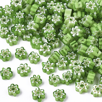 Glass Beads, Flower, Lime Green, 5~7x5~7x2~3mm, Hole: 1mm