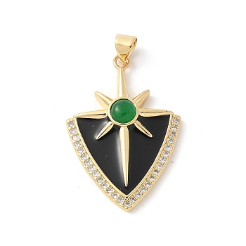 Cat Eye Pendants, Triangle with Sun, with Brass & Enamel  & Clear Cubic Zirconia, Rack Plating, Long-Lasting Plated, Cadmium Free & Lead Free, Real 18K Gold Plated, Light Green, 33x22.5x5mm, Hole: 4x3.5mm