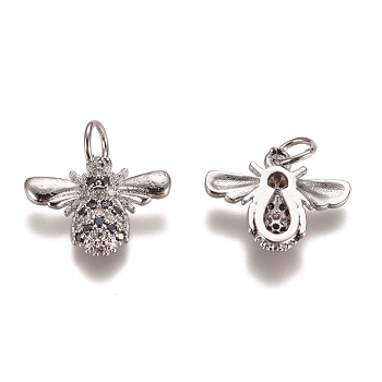 Brass Micro Pave Cubic Zirconia Charms, with Jump Rings, Bees, Black & Clear, Platinum, 11.5x15x3mm, Hole: 3mm