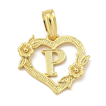 Heart Brass Pendants, Long-Lasting Plated, Cadmium Free & Lead Free, Real 18K Gold Plated, Letter P, 18x20x3mm, Hole: 3.5x7mm