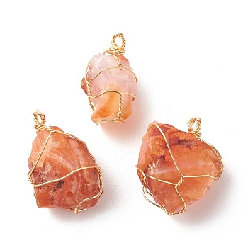 Rough Raw Natural Carnelian Pendants, with Real 18K Gold Plated Copper Wire Wrapped, Nuggets, 27~32x15~24x15~18.5mm, Hole: 2~2.4mm