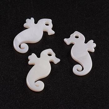 Natural White Shell Mother of Pearl Shell Pendants, Sea Horse, 15.5x9x1.5mm, Hole: 1.5mm