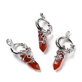 Natural Red Agate Pendants, Eco-Friendly Brass Finding, Platinum, Cadmium Free & Lead Free, Bullet, 48x24.5x14mm, Hole: 7x5.5mm