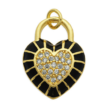 Brass Micro Pave Clear Cubic Zirconia Pendants,  with Enamel and Jump Rings, Light Gold, Cadmium Free & Nickel Free & Lead Free, Heart, Black, 20x15x4mm, Jump Ring: 5x1mm, 3mm