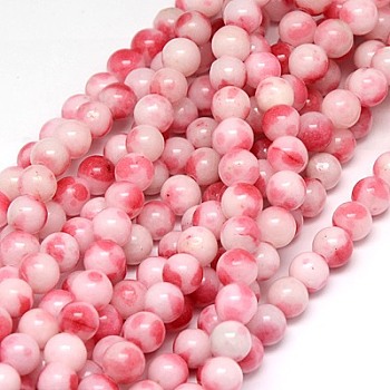 Natural White Jade Beads Strands, Dyed, Round, Pink, 6mm, Hole: 1mm, about 70pcs/strand, 15.75 inch