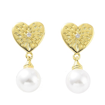 Heart Rack Plating Brass Studs Earrings for Women, Plastic Pearl Dangle Earrings, Long-Lasting Plated, Lead Free & Cadmium Free, Real 18K Gold Plated, 24x11mm