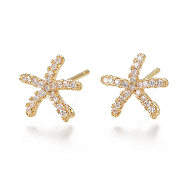 Brass Stud Earring Findings, with Loop, Cubic Zirconia, Nickel Free, Real 18K Gold Plated, Starfish/Sea Stars, Clear, 9.5x10mm, Hole: 1mm, Pin: 0.8mm