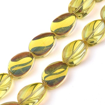 Transparent Electroplate Glass Bead Strands, Half Rainbow Plated, Teardrop, Yellow, 18.5x12.5x6mm, Hole: 1mm, about 40pcs/strand, 29.29 inch(74.4cm)