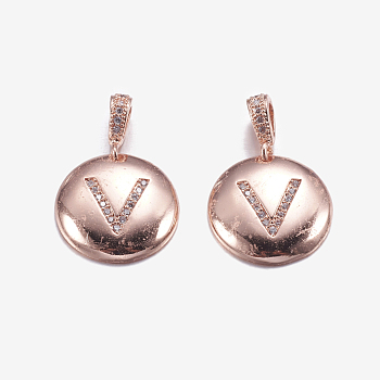 Brass Pendants, with Cubic Zirconia, Cadmium Free & Lead Free, Flat Round with Letter, Rose Gold, Letter.V, 22mm, Hole: 2x3mm, Pendant: 15x3mm