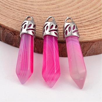 Dyed Bullet Natural Agate Pointed Pendants, with Platinum Tone Alloy Findings, 33~40x8~10mm, Hole: 3x2mm