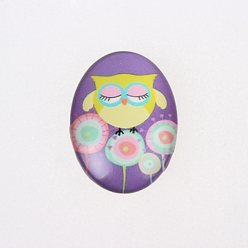 Cartoon Owl Printed Glass Oval Cabochons, Medium Purple, 30x20x6mm