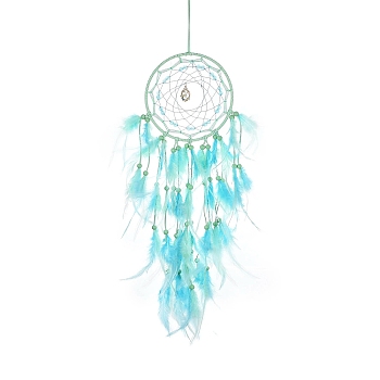 Woven Web/Net with Feather Hanging Ornaments, Iron Ring and Wood Beads for Home Living Room Bedroom Wall Decorations, Dark Turquoise, 685mm