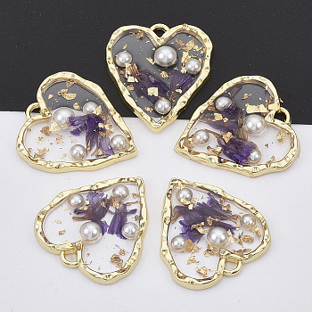 Light Gold Plated Alloy Pendants, with Epoxy Resin, ABS Plastic Imitation Pearl Cabochons, Gold Foil and Dried Flower, Heart, Purple, 23x20.5x4mm, Hole: 1.6mm