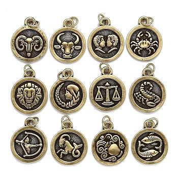 Brass Pendant Sets, with Jump Rings, Long-Lasting Plated, Flat Round with 12 Constellation/Zodiac Sign, Antique Bronze, 18.5x15x2mm, Hole: 3.6mm, 1pc/constellation, 12pcs/set