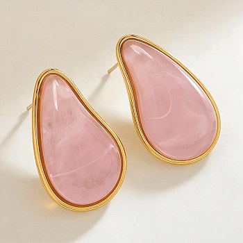 304 Stainless Steel Resin Stud Earrings, Teardrop, Golden, Pink, 34x21mm