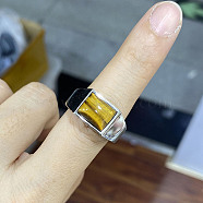 Rectangle Natural Tiger Eye Finger Ring, Stainless Steel Jewelry, Stainless Steel Color, US Size 10 1/4(19.9mm)(FIND-PW0021-07D-02)