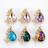 Glass Pendants, with Light Gold Tone Brass Findings, Long-Lasting Plated, Faceted, Teardrop, Mixed Color, 21x19.5x8mm, Hole: 3x5mm(GLAA-Q088-033)