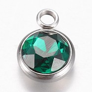 Glass Charms, May Birthstone Charms, Faceted, with 304 Stainless Steel Findings, Flat Round, Green, 14x10x6.5mm, Hole: 2.5mm(GLAA-G019-P11)