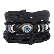 3Pcs 3 Style Adjustable Braided Imitation Leather Cord Bracelet Sets, Alloy Evil Eye & Wood Beaded Stackable Bracelets with Waxed Cord for Men, Black, Inner Diameter: 2-1/8~3-1/8 inch(5.5~80cm), 1Pc/style(BJEW-F458-02)