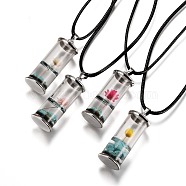 Glass Wishing Bottle Leather Cord Pendant Necklaces, with Dried Flower & Natural Gemstone Chip Beads Inside, Platinum, Mixed Color, 17-3/8 inch(44.05cm)(NJEW-Z009-A)