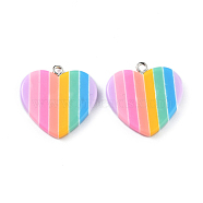 Rainbow Heart Resin Pendants, with Platinum Plated Iron Peg Bails, Colorful, 25x25x4mm, Hole: 2mm(CRES-O003-02)