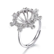 Adjustable 925 Sterling Silver Finger Ring Components, For Half Drilled Beads, with Cubic Zirconia, Carved 925, Flower, Platinum, Size 7, 17mm, Tray: 11mm, Pin: 0.8mm(X-STER-F048-01P)