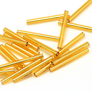 Silver Lined Transparent Glass Bugle Beads, Goldenrod, 9x2.5mm, Hole: 0.5mm, about 6500pcs/bag(SEED-R028-2x9-B01)