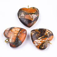 Assembled Bronzite and Imperial Jasper Pendants, with Iron Findings, Heart, Golden, 20~22x19~20x5~7mm, Hole: 2mm(G-T111-04F)