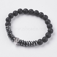 Synthetic Hematite Stretch Bracelets, with Natural Lava Rock and Alloy Findings, Skull, Antique Silver, Original Color, 2-1/4 inch(57mm)(BJEW-I241-22A)