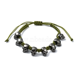 Adjustable Alloy Braided Beads Bracelets, Halloween Skull Bracelets for Men Women, Olive Drab, Inner Diameter: 2~3-1/8 inch(5~7.8cm)(BJEW-JB10916)