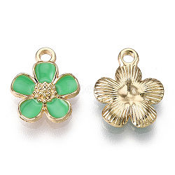 Eco-Friendly Zinc Alloy Pendants, with Enamel, Cadmium Free & Nickel Free & Lead Free, 5- Petal Flower, Light Gold, Medium Sea Green, 16x13x3mm, Hole: 1.8mm(FIND-N048-44H-NR)