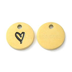 Ion Plating(IP) 304 Stainless Steel Manual Polishing Charms, with Enamel, Flat Round with Heart, Golden, 14x2mm, Hole: 2mm(STAS-C075-17G)