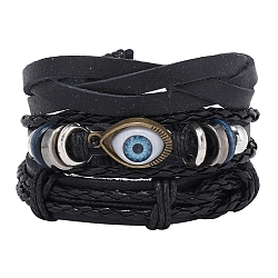 3Pcs 3 Style Adjustable Braided Imitation Leather Cord Bracelet Sets, Alloy Evil Eye & Wood Beaded Stackable Bracelets with Waxed Cord for Men, Black, Inner Diameter: 2-1/8~3-1/8 inch(5.5~80cm), 1Pc/style(BJEW-F458-02)