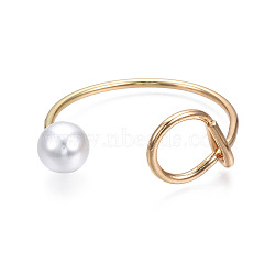 Alloy Wire Wrap Open Cuff Bangle with Plastic Pearl for Women, Cadmium Free & Lead Free, Golden, Inner Diameter: 1-7/8x2-1/8 inch(4.9x5.4cm)(BJEW-S118-122G)