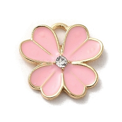 Flower Alloy Enamel Pendants, with Rhinestone, Light Gold, Pink, 19x19.5x3mm, Hole: 4x2.5mm(ENAM-A007-04KCG-01)