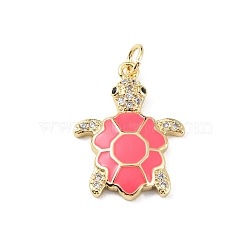 Rack Plating Brass Micro Pave Cubic Zirconia Pendants, with Enamel & Jump Ring, Cadmium Free & Lead Free, Long-Lasting Plated, Real 18K Gold Plated, Sea Turtle Charm, Crimson, 22.5x17x3mm, Hole: 3.2mm(KK-C021-01G-07)