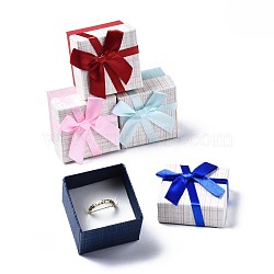 Cardboard Jewelry Ring Box, with Bowknot Ribbon Outside and White Sponge Inside, Square, Mixed Color, 5.05x5.05x4.25cm(CBOX-T004-09)