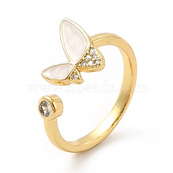 Clear Cubic Zirconia Butterfly with Enamel Open Cuff Ring, Brass Jewelry for Women, Real 18K Gold Plated, US Size 7 3/4(17.9mm)(KK-H439-11G)