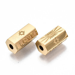 304 Stainless Steel Beads, Hexagonal Prism with Word Love, Real 14K Gold Plated, 11.5x6.5x6mm, Hole: 2mm(STAS-S116-310G)